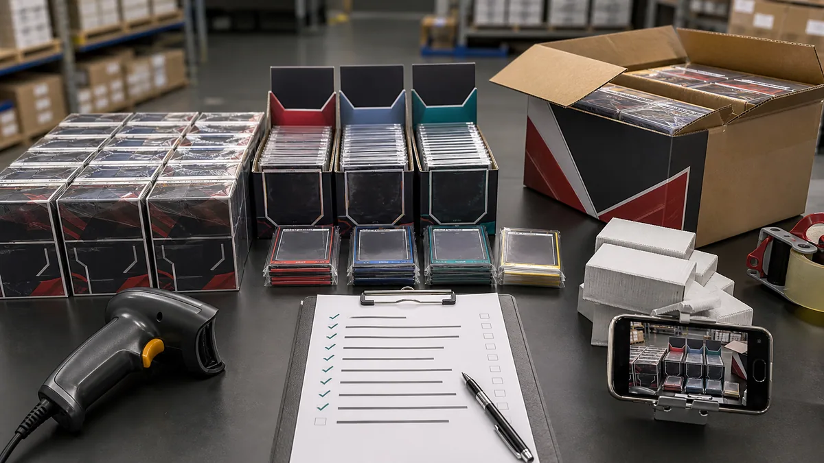 Stock de carte de commerce organisé pour une quantité d'entrepôt photographiée et contrôle de l'état