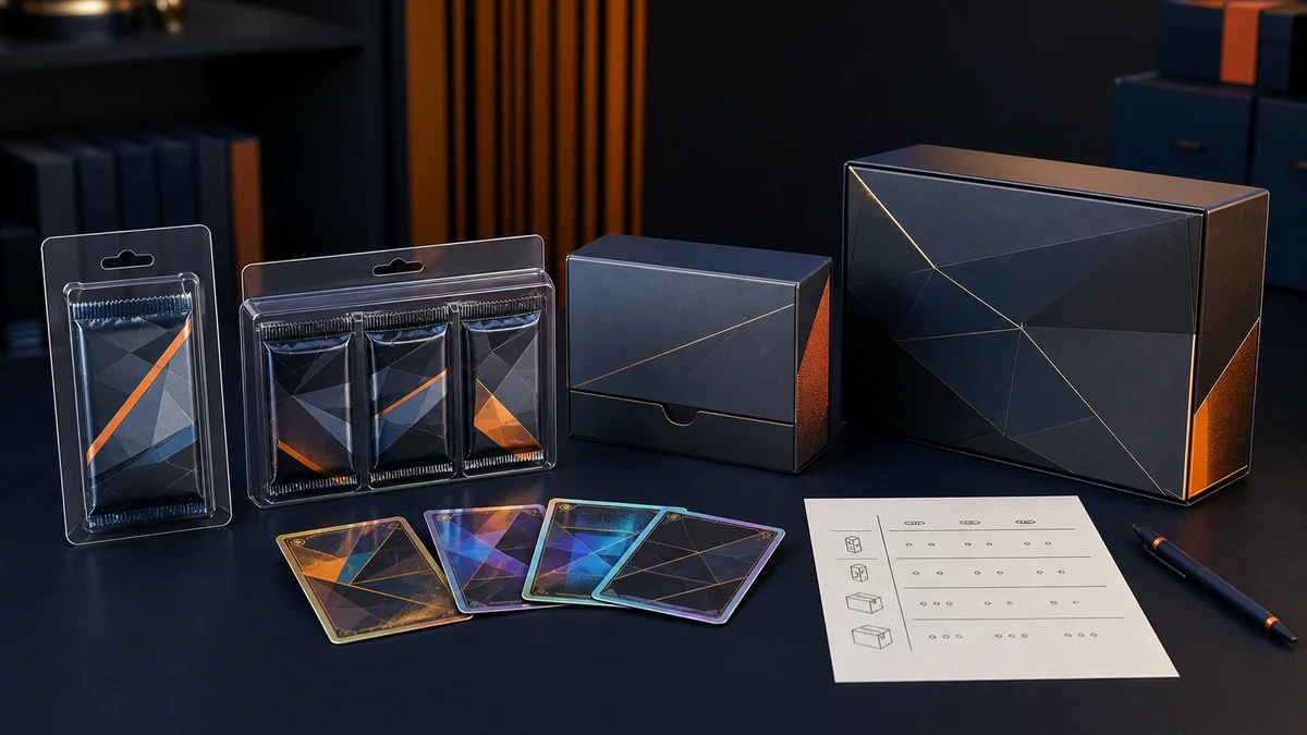 Quatre formats de produits de cartes de commerce scellées génériques disposés par taille sur un bureau de planification de l'inventaire