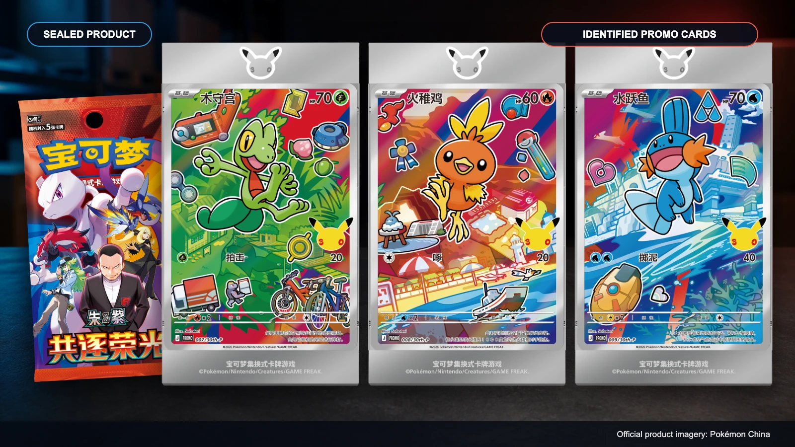 Booster officiel Pokémon China à côté des cartes promo Treecko, Torchic et Mudkip dans les cadres d'affichage