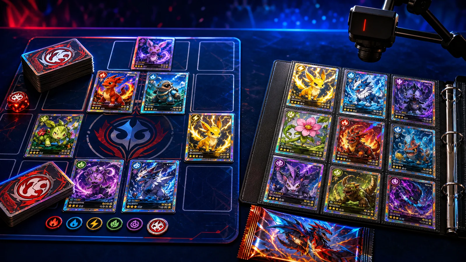 Cartes Pokémon disposées pour le jeu en tournoi, avec un classeur de collection et une caméra pour les ventes en live