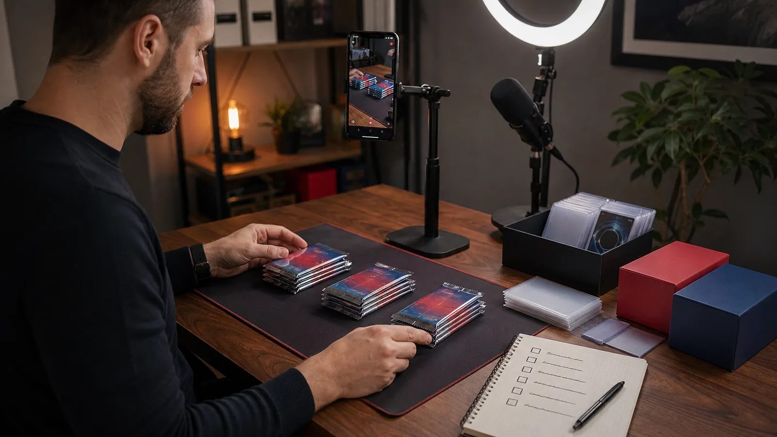 Vendeur en live triant de petits groupes de produits à tester avant une diffusion
