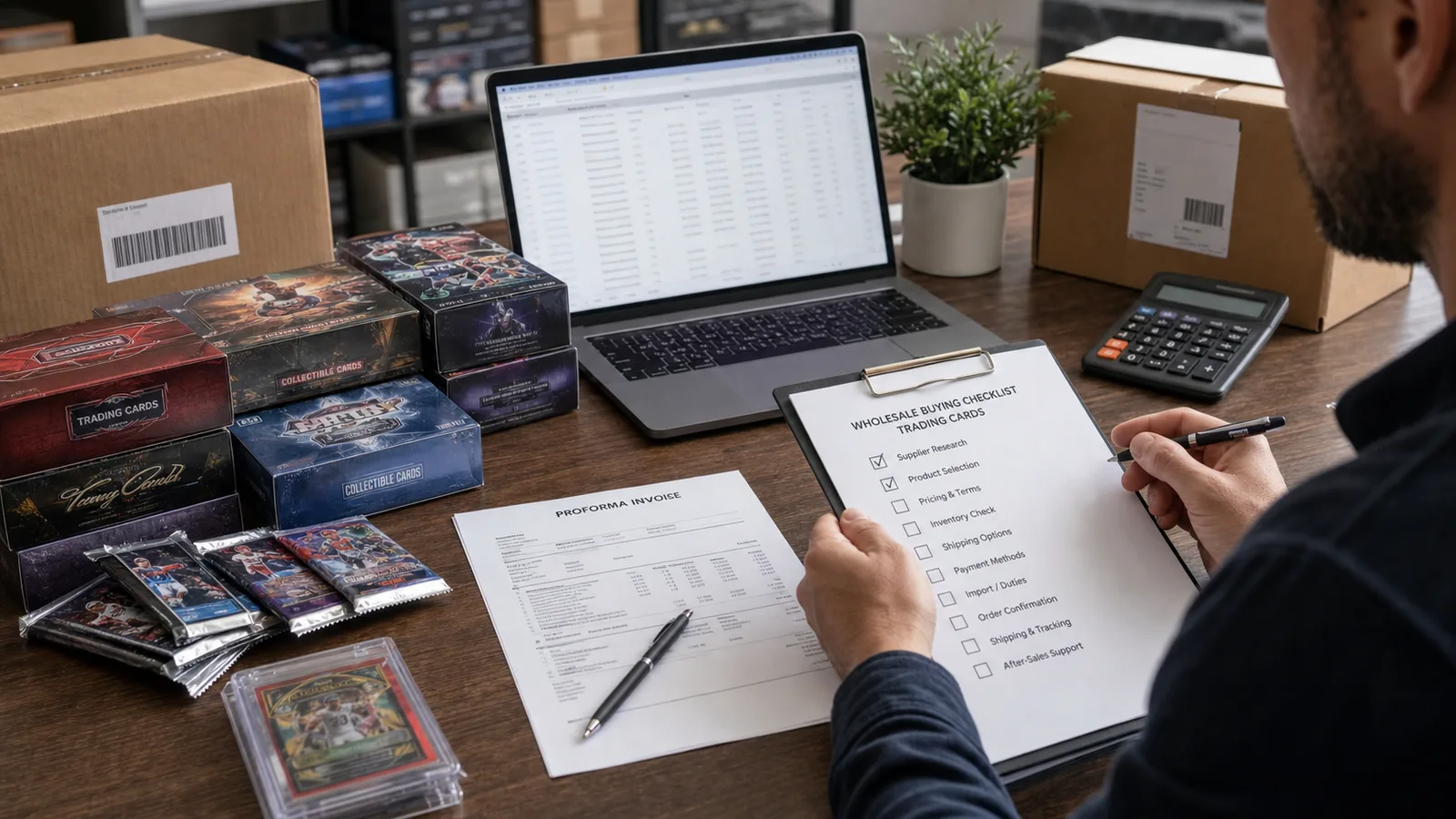 Processus de commande de gros de Pokémon TCG avec des cartons de facture et liste d'inventaire